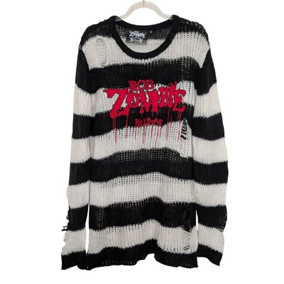 Rob Zombie Killstar Stripe Embroidered Sweater Womens Size Small Distressed - Picture 1 of 14